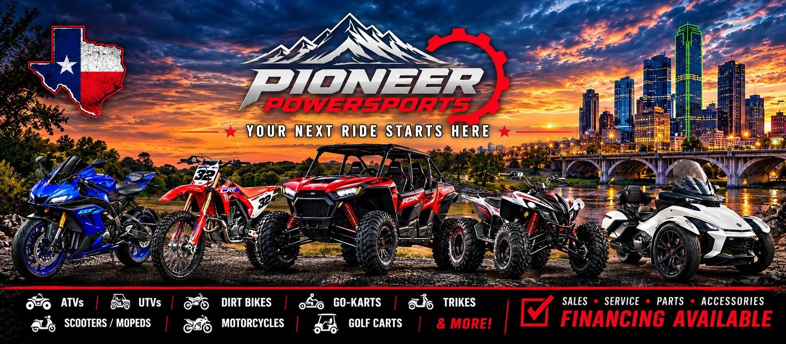 Pioneer Powersports: ATVs, UTVs, dirt bikes, go-karts, trikes, scooters, motorcycles and golf carts. Sales, service, parts, accessories and financing available.