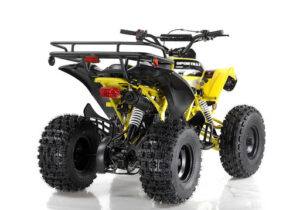 A yellow and black atv with a rack on the back.