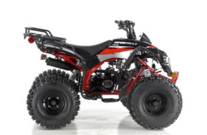 A red and black atv is shown with big tires.