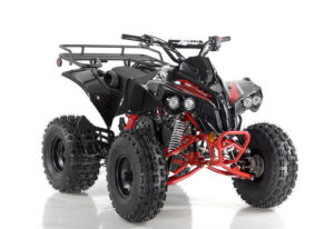 A black and red atv is on the ground