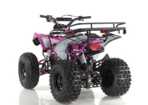 A pink and black atv with a rack on the back of it.