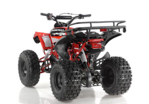 A red atv with black wheels and a rack on the back.