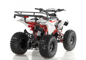A white and red atv with a rack on the back.
