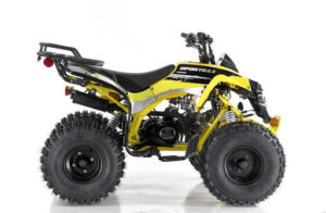 A yellow and black atv is parked on the ground