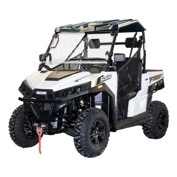 White and black MASSIMO T-BOSS 550 UTV, 493cc Four-Stroke, Single Cylinder with a winch on the front.
