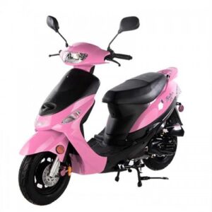 A pink scooter with black trim and black seat.