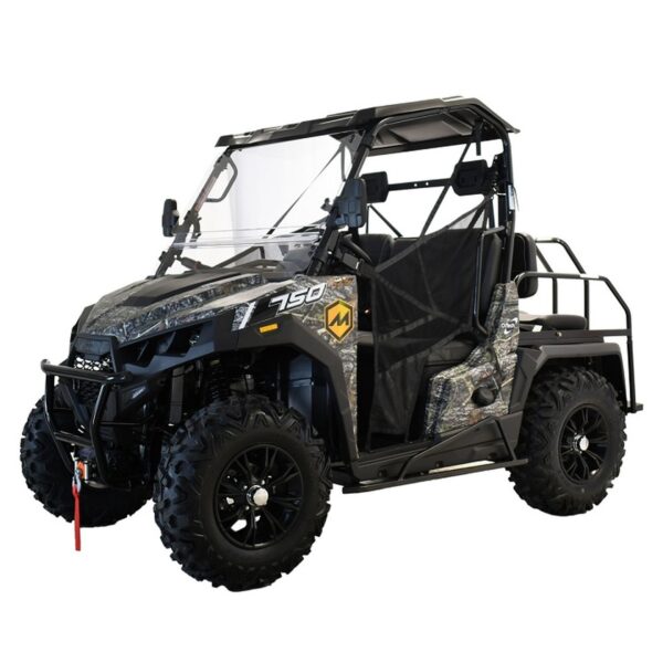 A Massimo T-Boss 750X Golf UTV, 694.6cc Four Stroke Single Cylinder with a roll cage and off-road tires.