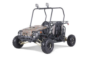 A black and gray buggy with lights on top of it.