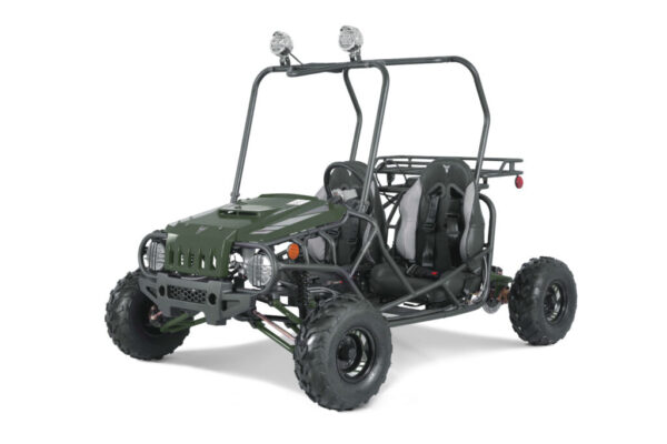 A green two seat atv with lights on the front.