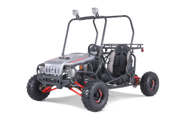 A silver and black four wheeler with lights on it