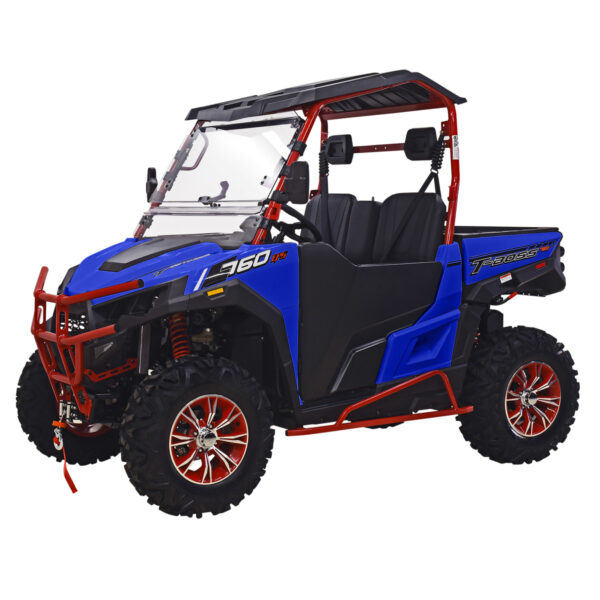 A blue and red utility vehicle with a black top.