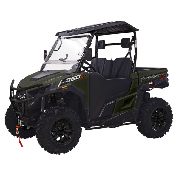 A green utility vehicle with black seats and doors.