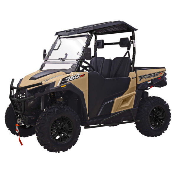A tan and black utility vehicle with a canopy.
