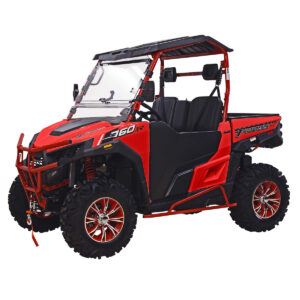 A red and black utility vehicle with a top up.