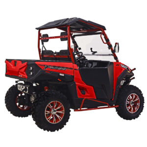 A red and black utility vehicle with a top.