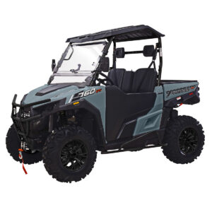 A blue utility vehicle with black trim and a black canopy.