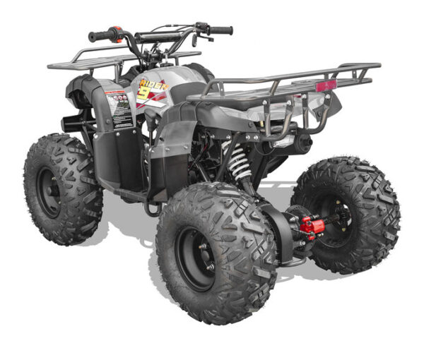 A black and silver atv with a red bull on the front.