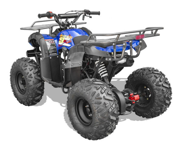 A blue and black atv with a rack on the back.