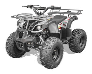A black and silver atv with a rack on the back of it.