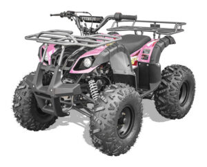 A pink and black atv with a rack on the back.