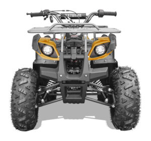 A yellow and black atv is shown in front of a white background.