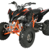 A black and orange atv with all terrain tires.