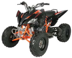 A black and orange atv with all terrain tires.
