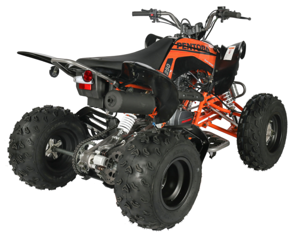 A close up of an atv with the front tire on.