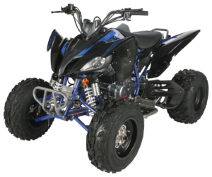 A blue and black atv is parked on the ground.