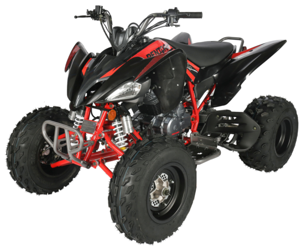 A red and black atv is parked on the ground.