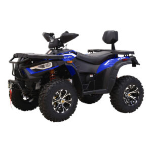 A blue and black atv with a seat on the back.