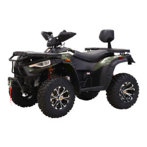 A black and silver atv with a seat on the back.