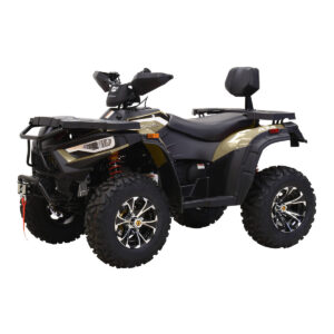 A black and gold atv with a seat on the back.
