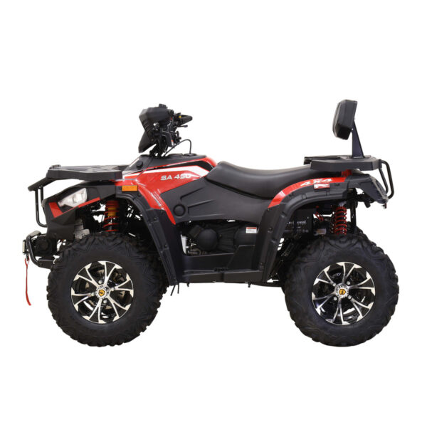 A red and black four wheeler with large tires.