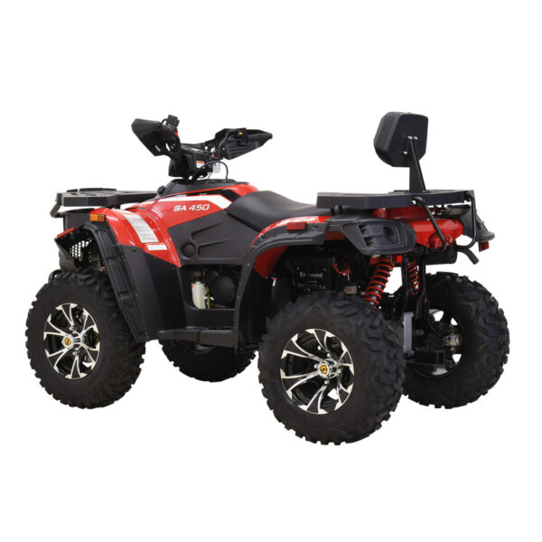 A red and black atv with a helmet on the back.