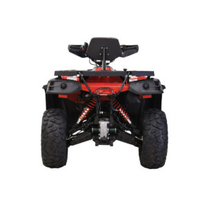 A red and black atv is shown from the front.