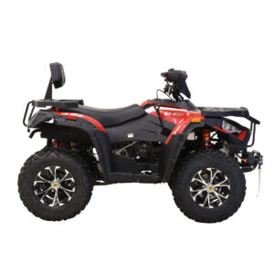 A red and black atv with a seat on the back.