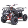 A red and black atv with a rack on the back of it.