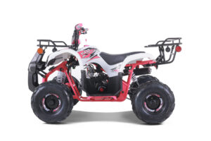 A red and white atv with a black seat