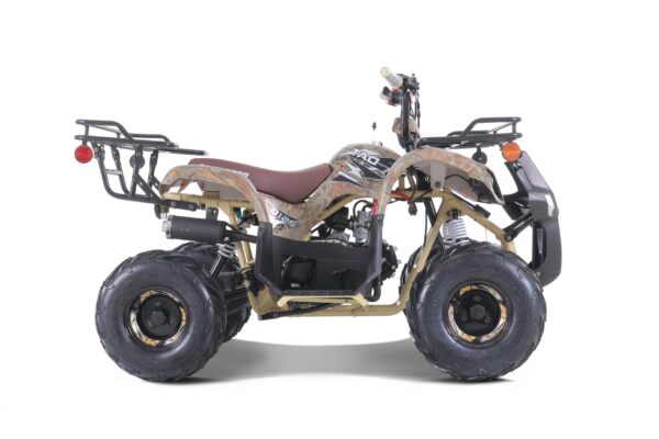 A small atv with a large back rack on it.