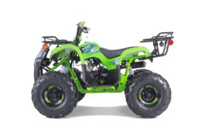 A green atv with blue accents is parked.