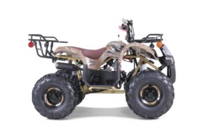 A tan and black atv with a rack on the back of it.