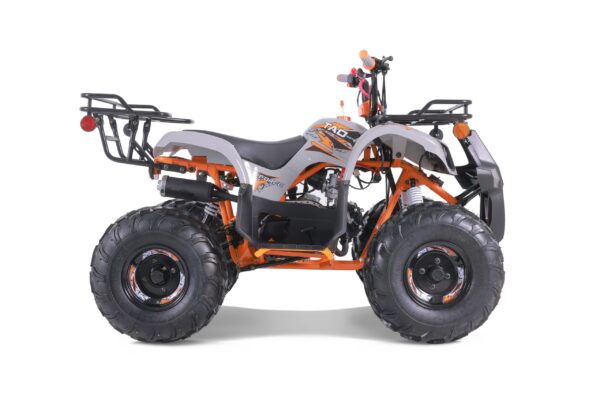 A white and orange atv with a rack on the back.