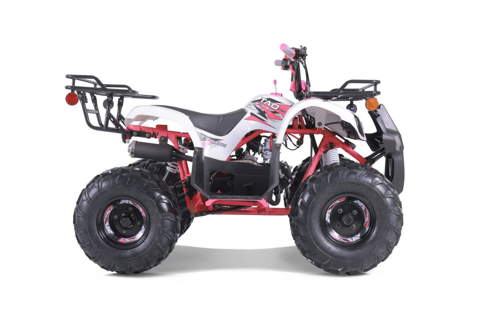 A red and white atv with two big tires