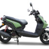 A green and black motor scooter isolated on a white background.
