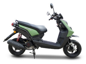 A green and black motor scooter isolated on a white background.
