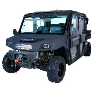 A black utility vehicle with four seats and two doors.