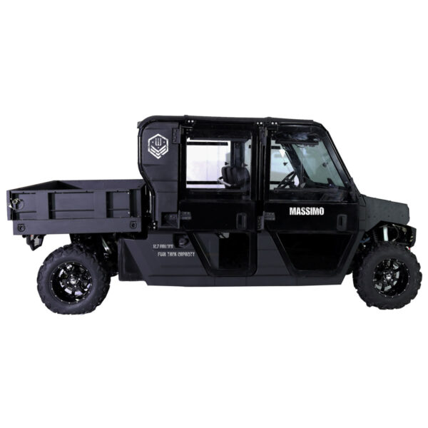 A black utility vehicle with its doors open.