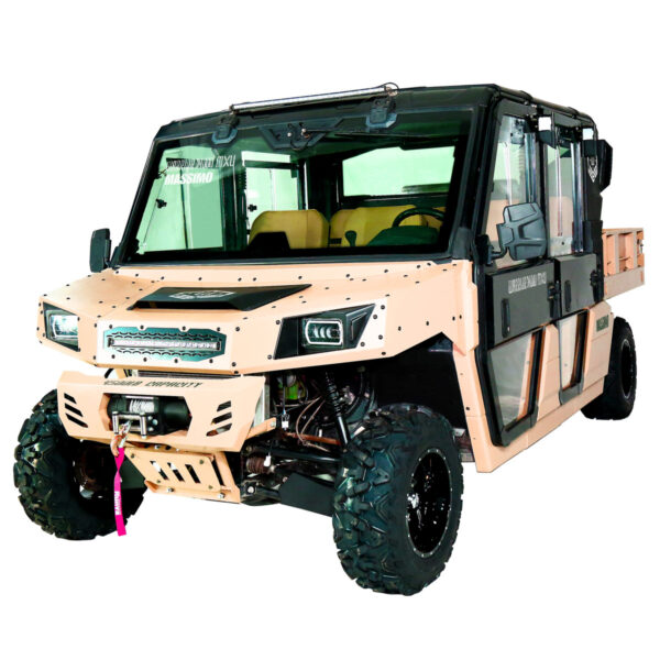 A tan utility vehicle with black trim and windows.
