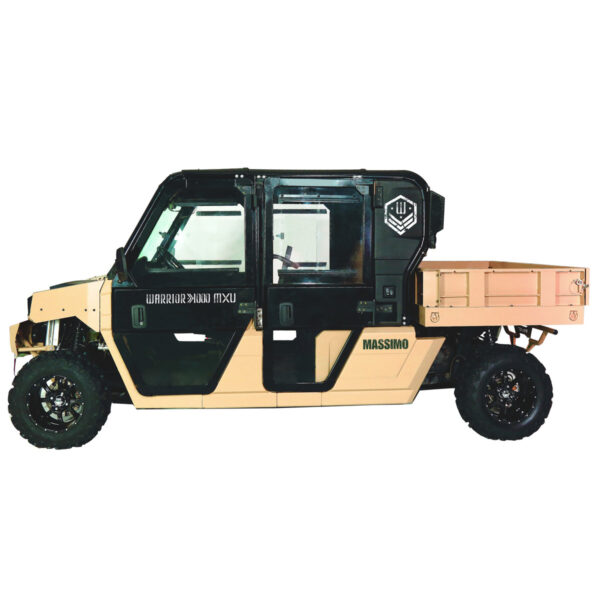 A black and tan utility vehicle with a wooden box on the back.